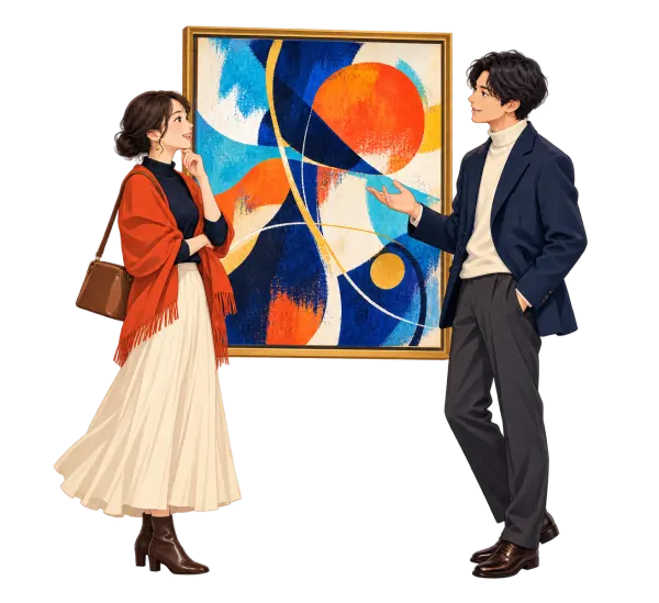 作品を前に感想を語り合う二人のイラスト