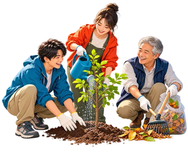 世代を越えて地域の植樹活動を行うイラスト
