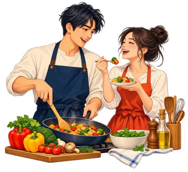 一緒に料理を楽しむ二人のイラスト