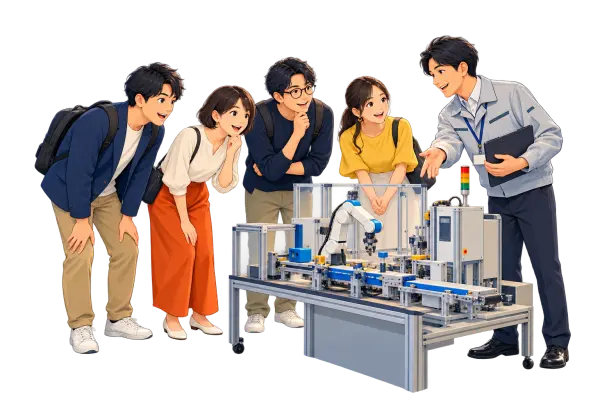 ものづくりの現場を見学する仲間のイラスト