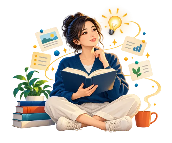 本から実践的な知識を得る女性のイラスト