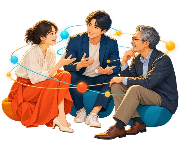 世代を越えて対話する仲間のイラスト