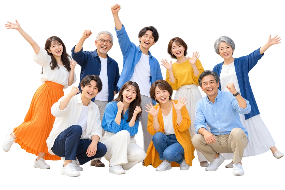 老若男女の仲間が全員の顔を見せて笑顔で集う2040倶楽部のイメージ