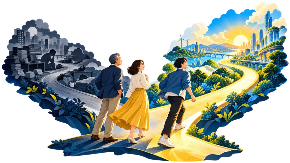 何もしなかった未来と対策を重ねた明るい未来への分岐を見つめる人々